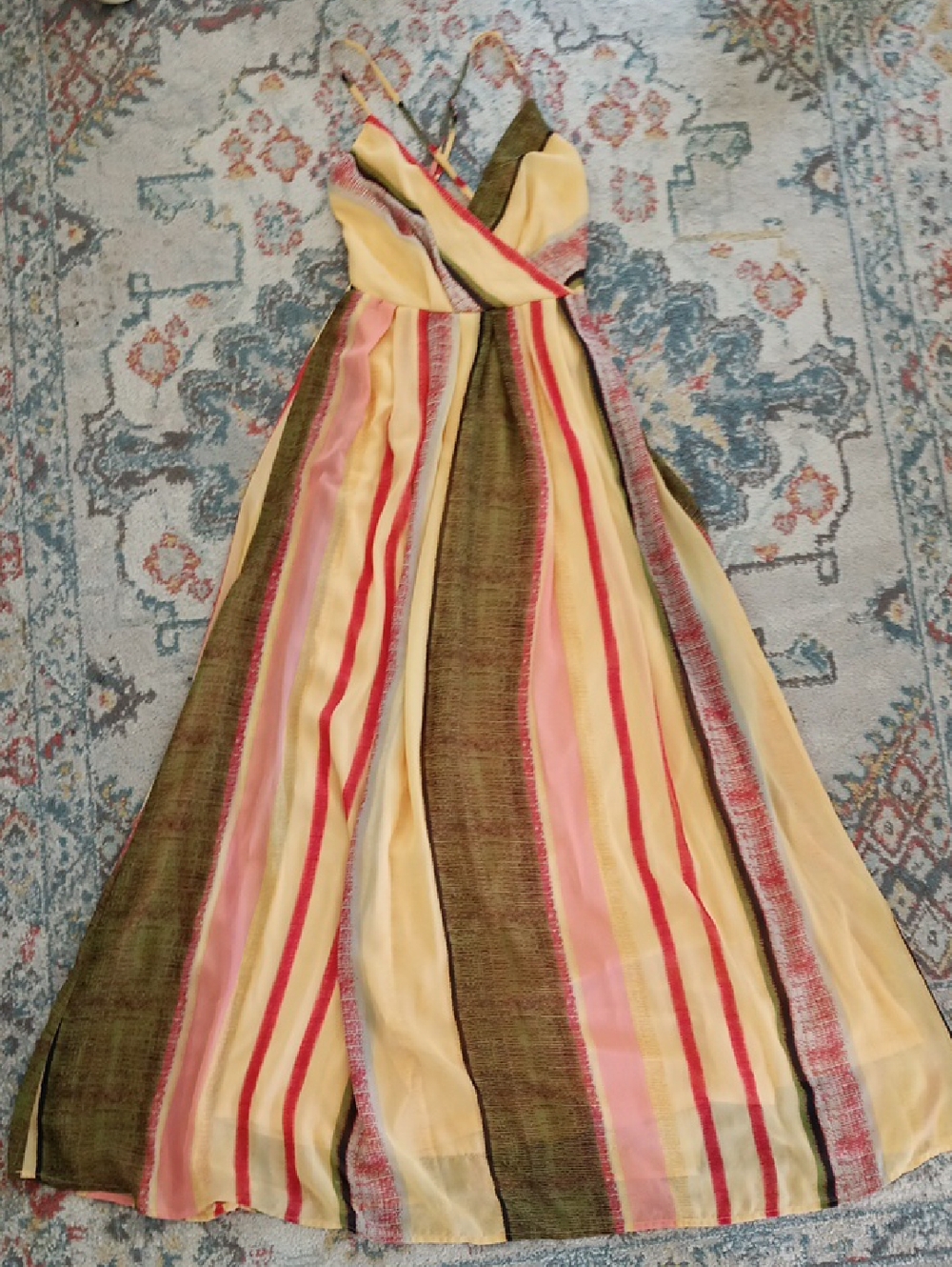 Forever 21 Yellow, Pink & Olive Striped Maxi Dress